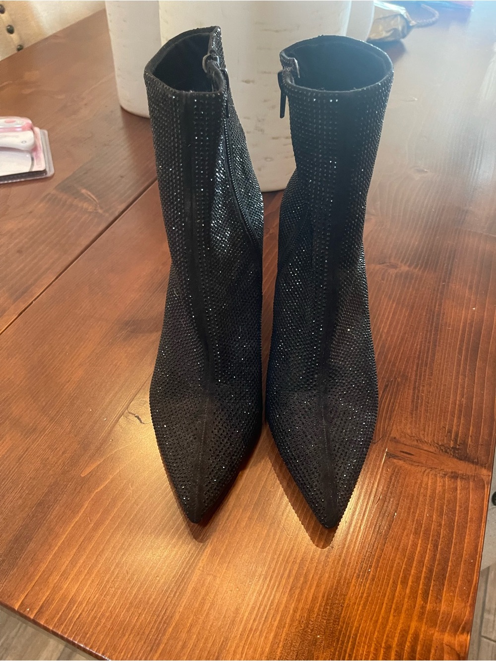 Black Glittet Pointed-Toe Ankle Boots